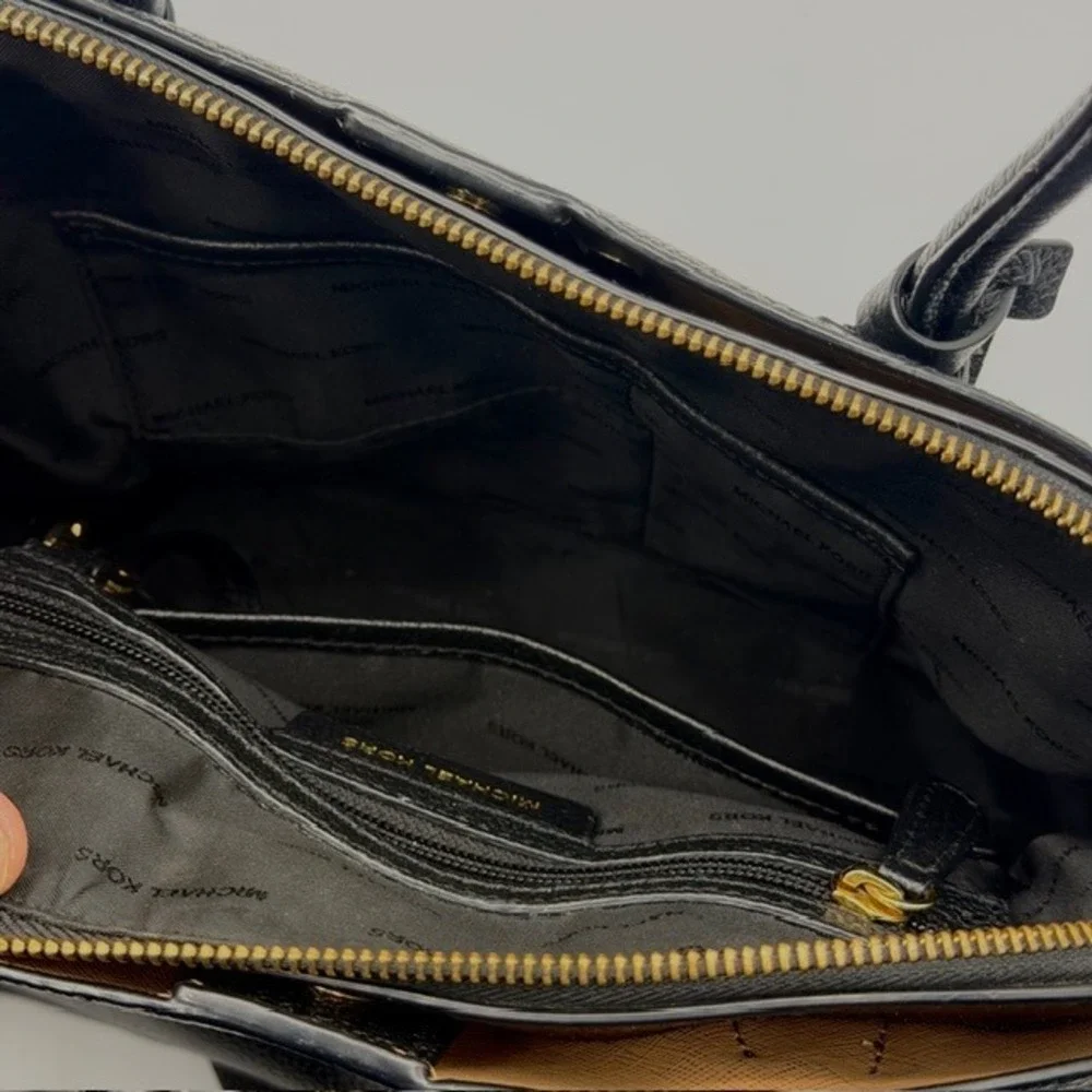 Michael Kors Mercer Black Pebbled‎ Leather Dome Satchel Crossbody Bag Gold Chain - Picture 9 of 11